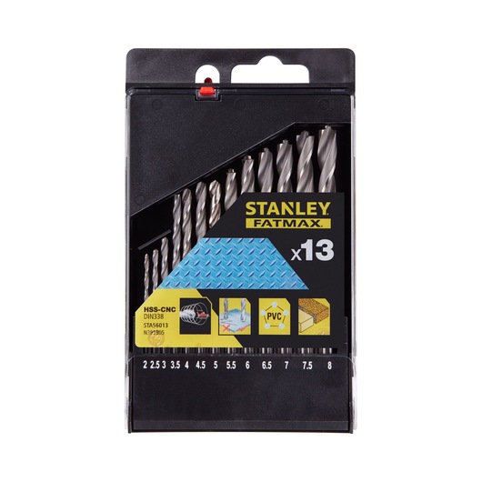 Stanley FATMAX STA56013 HSS-CNC drill bit set, 13 pieces, front angle, in black case.