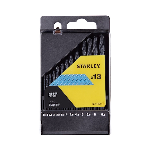 STANLEY STA56015 HSS-R drill bit set, 13-piece, in black plastic box, front angle photography.