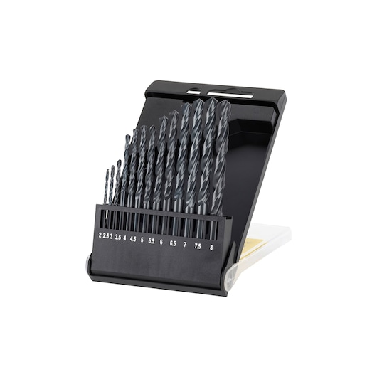 STANLEY STA56020 drill bit set in black metal case, multiple sizes, front angle on white background.