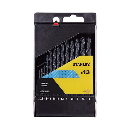 STANLEY STA56020 drill bit set, 13 pieces, black and silver, in plastic box, front angle photo.