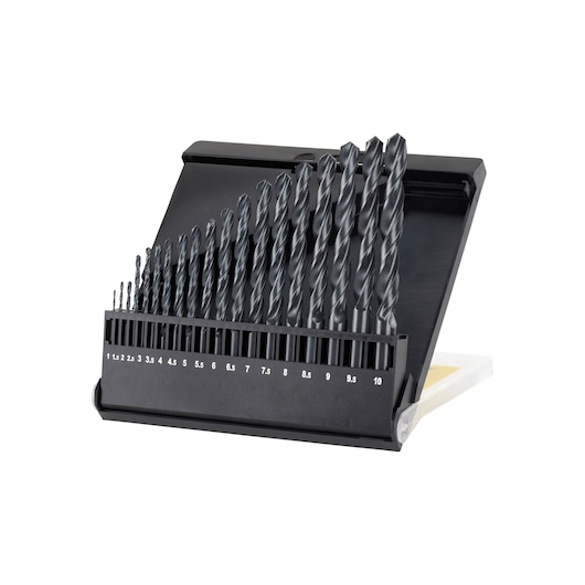 STANLEY STA56025 drill bit set in black case, angled photo showing multiple sizes on white background.
