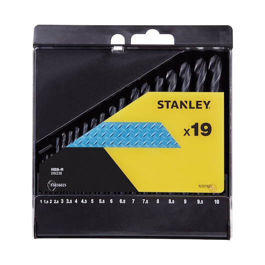 STANLEY STA56025 drill bit set, 19 pieces, black metal case, front angle, size markings visible.