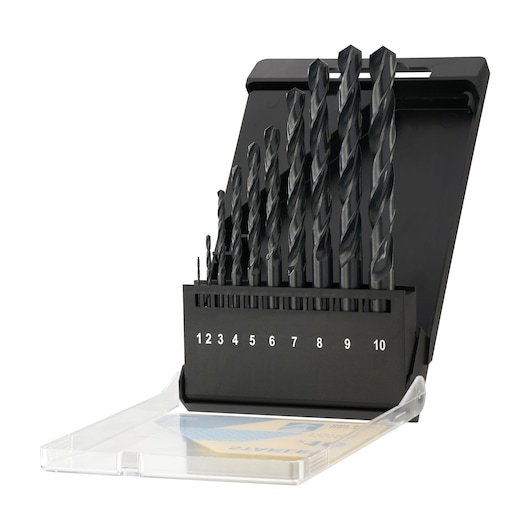 STANLEY STA56030 drill bit set with ten black metal bits in numbered plastic case, front angle.