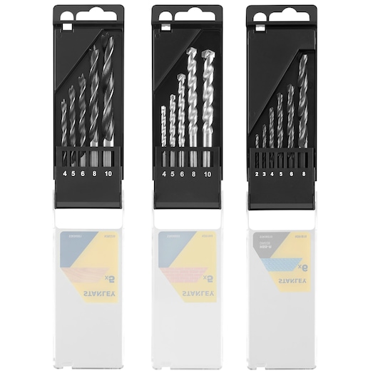 STANLEY STA56045 drill bit set, three black cases with assorted bits in front view on white background.