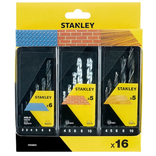 STANLEY STA56045 drill bit set, 16 pieces for metal, masonry, and wood, front angle, yellow and black packaging.