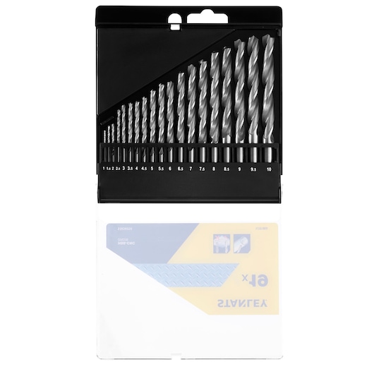 STANLEY STA56058 drill bit set in black plastic case, 1.5 to 10 mm bits, top-down view.