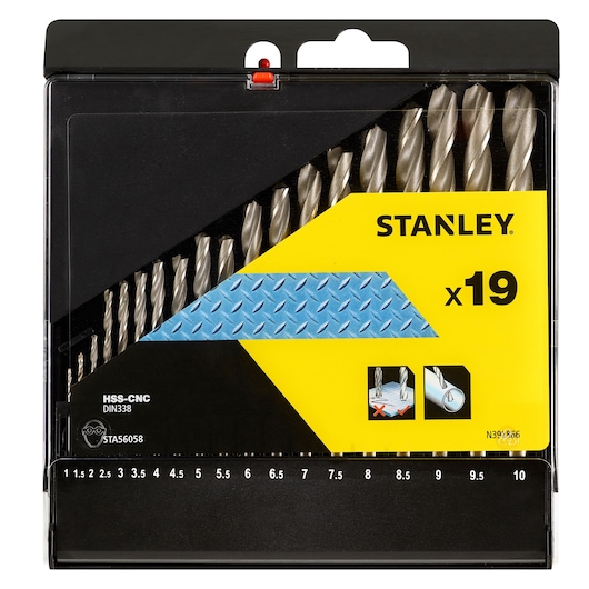 STANLEY STA56058 drill bit set, 19 high-speed steel bits in black and yellow case, front view.