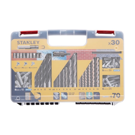STANLEY STA56062 drill bit and accessory set case, photographed from the front on white background.