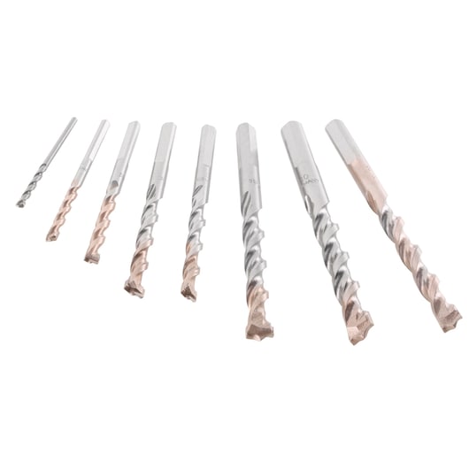Photo of STANLEY STA56068 set of 8 masonry drill bits, silver and copper color, angled on white background.
