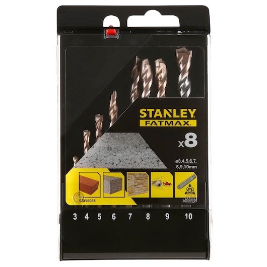 STANLEY STA56068 drill bit set, 8 pieces, in blister pack, photographed from front on white background.