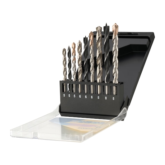 STANLEY STA56073 drill bit set in black plastic case, open to show assorted drill bits, front angle.