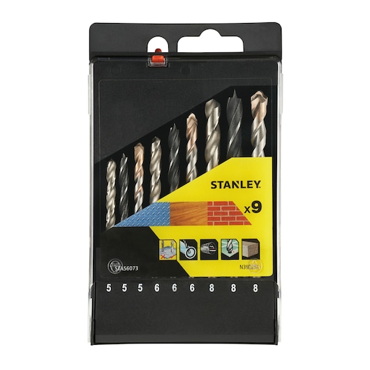 STANLEY STA56073 drill bit set, photography of nine assorted bits in black plastic case, front angle.