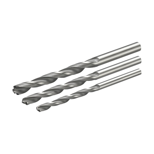 STANLEY STA56118 silver twist drill bit set, three bits, side angle, white background.