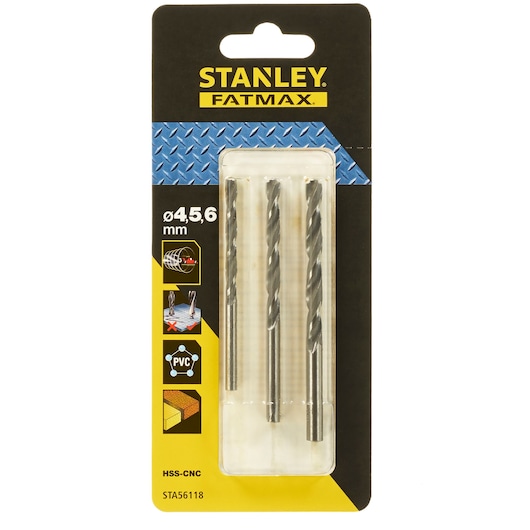 Stanley FATMAX STA56118 HSS-CNC drill bit set, three silver bits in retail packaging, front view.