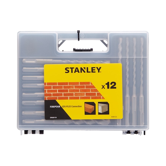 STANLEY STA56119 12-piece SDS-Plus masonry drill bit set case, front angle, clear plastic box.