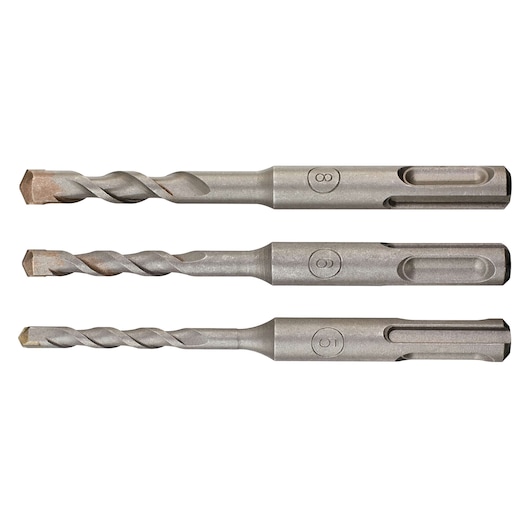 Stanley STA56120 three SDS drill bits set, silver, side angle on white background.
