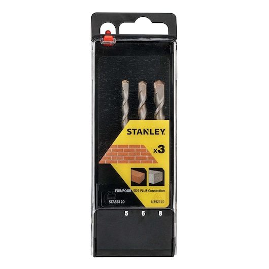 STANLEY STA56120 masonry drill bit set, three pieces, in front view packaging, SDS-PLUS connection.