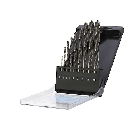 STANLEY STA56123 drill bit set with ten metal bits in black case, front angle on white background.