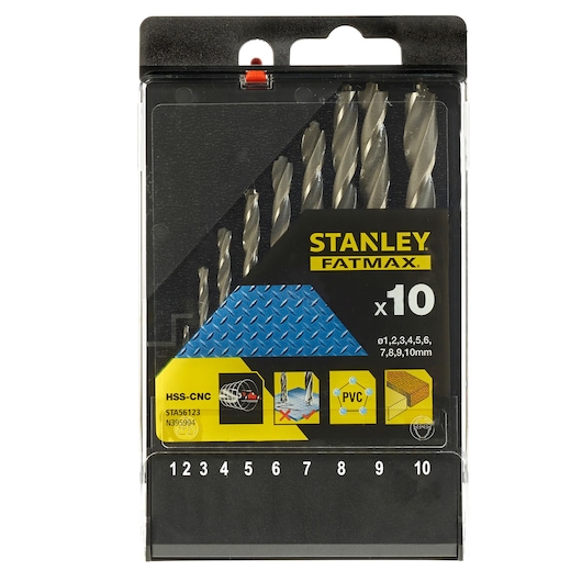 STANLEY STA56123 drill bit set, 10-piece, front angle, in clear plastic case.