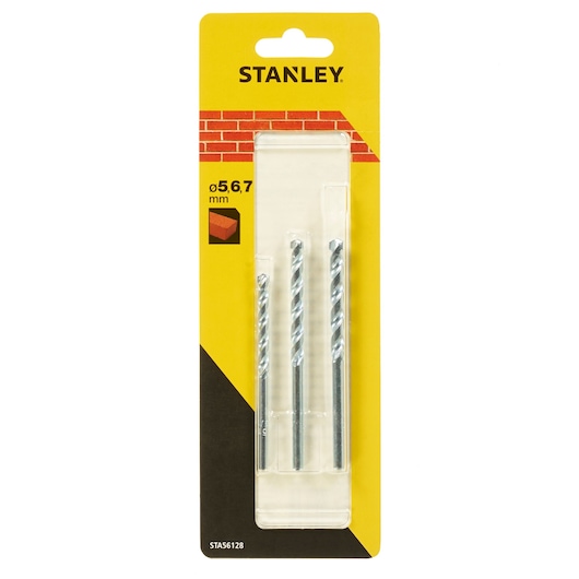 STANLEY STA56128 masonry drill bit set, three silver bits in retail packaging, front angle on white background.