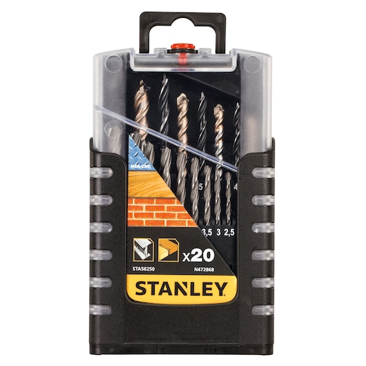 STANLEY STA56250 drill bit set in black plastic case, front angle, 20 pieces for masonry and wood.