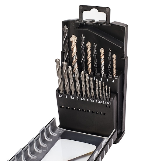 STANLEY STA56250 drill bit set in black plastic case, front angle showing various sizes of bits.
