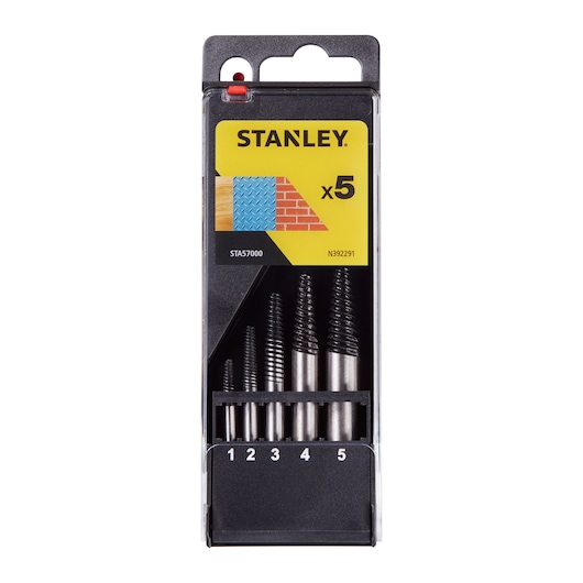 STANLEY STA57000 screw extractor set, pack of 5, front angle in clear plastic case with labeled sizes.