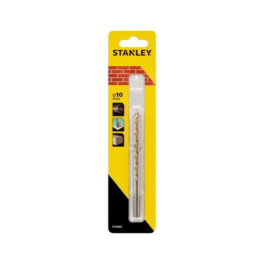 STANLEY STA58007 masonry drill bit, 10mm, in yellow retail packaging, front angle on white background.