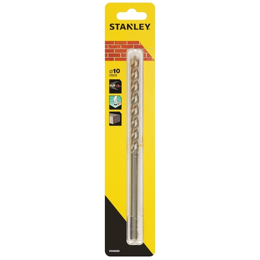 STANLEY STA58205 masonry drill bit 10mm in yellow and black retail packaging, front view.