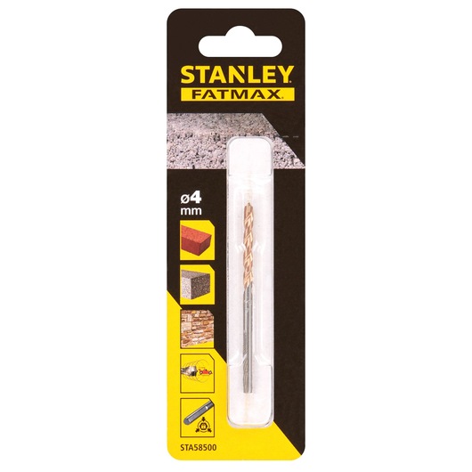 STANLEY STA58500 photography of 4mm masonry drill bit in retail packaging, front angle view.