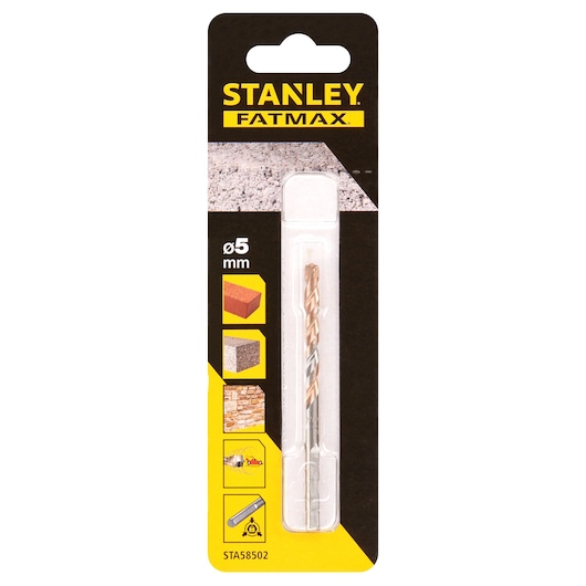 STANLEY STA58502 masonry drill bit 5 mm in retail packaging, front view on white background.
