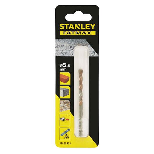 Photo of STANLEY STA58503 masonry drill bit 5.5mm in retail packaging, front angle, black and yellow design.