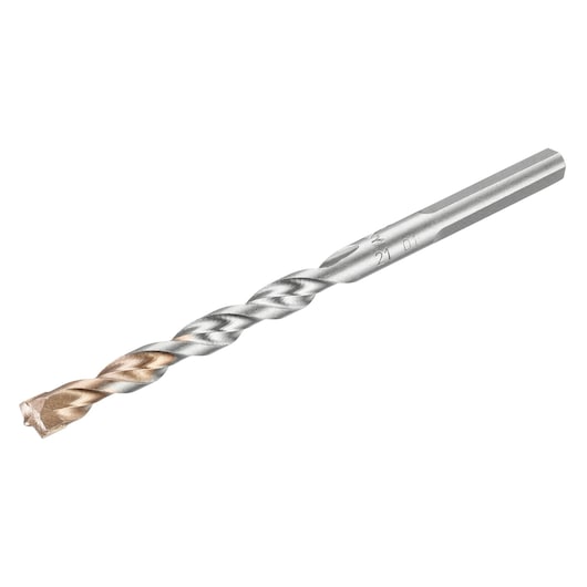 STANLEY STA58505 silver and bronze masonry drill bit, side angle, photography product category.