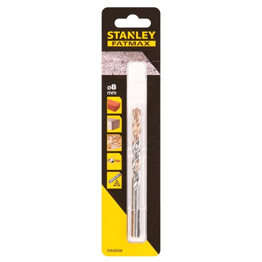 STANLEY STA58508 masonry drill bit 8mm in retail packaging, front angle, with yellow and black branding.