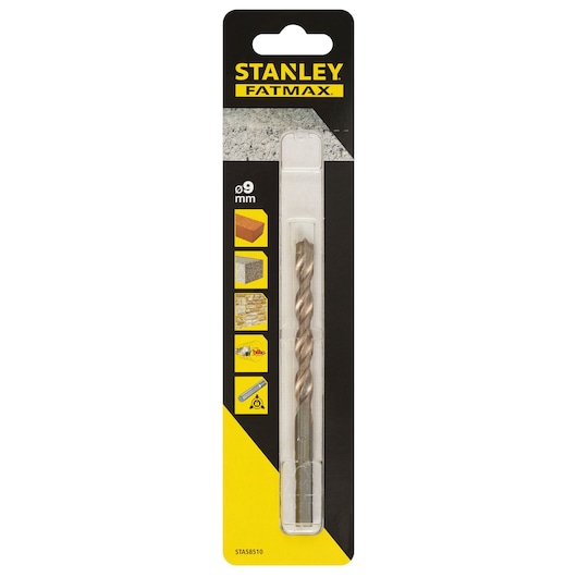 STANLEY STA58510 FATMAX 9mm masonry drill bit, vertical packaging, yellow and black background.