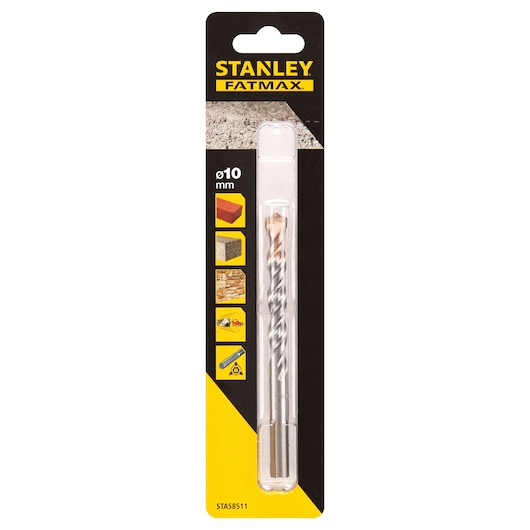 STANLEY STA58511 Fatmax masonry drill bit 10mm in retail packaging, front angle on white background.