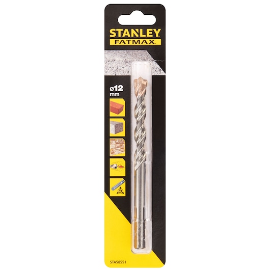 STANLEY STA58551 masonry drill bit, 12mm, Fatmax series, front angle, in retail packaging.