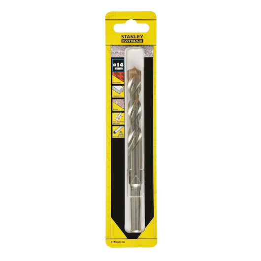 Photo of STANLEY STA58553 masonry drill bit in retail packaging, yellow and black, suitable for concrete and stone.