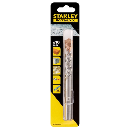 STANLEY STA58555 masonry drill bit, 16mm diameter, front view on retail packaging.