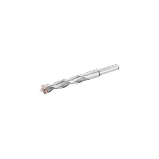 Photo of STANLEY STA58608 silver masonry drill bit, side angle, with hex shank and spiral flutes.
