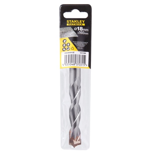 Photo of STANLEY STA58608 masonry drill bit in retail packaging, 18mm x 160mm, front angle on white background.