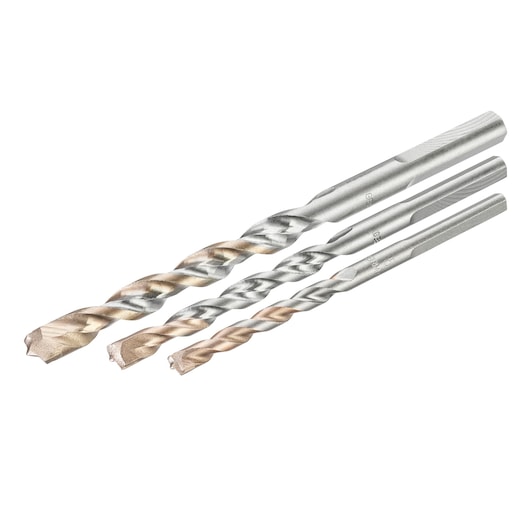 STANLEY STA58680 drill bit set, three silver and bronze bits, side view, photography on white background.