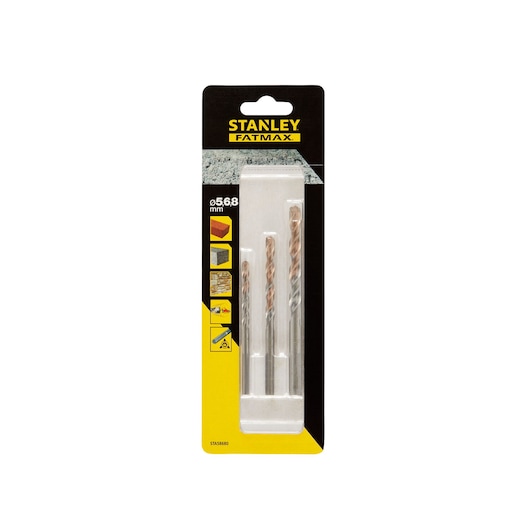 STANLEY STA58680 drill bit set, three masonry bits in retail packaging, front view on white background.