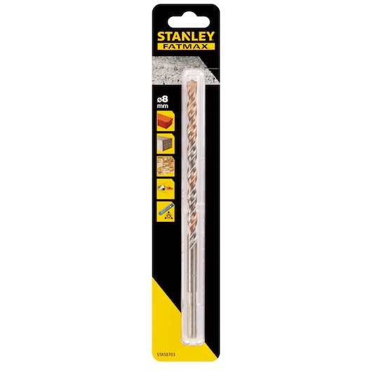 STANLEY STA58703 masonry drill bit pack, 8mm, FATMAX series, front angle on white background.