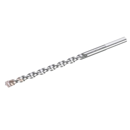 STANLEY STA58705 masonry drill bit, silver, spiral fluted, side angle photo on white background.
