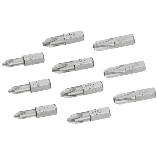 STANLEY STA60020 screwdriver bits set, silver, photography, top angle on white background.