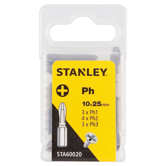 STANLEY STA60020 photography of Phillips screwdriver bits set in clear plastic box, front view.