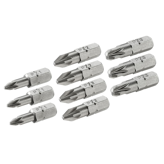 STANLEY STA60040 photography of silver PZ screwdriver bits set, front angle, displayed on white background.