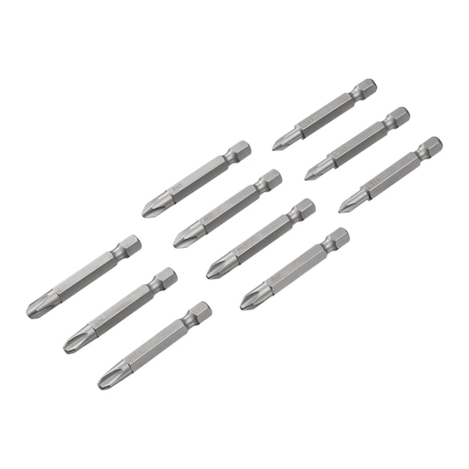 STANLEY STA60160 set of ten Phillips screwdriver bits, silver metal, side angle, on white background.