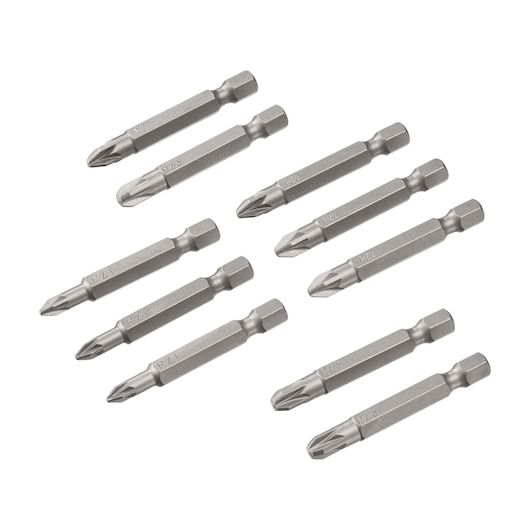 STANLEY STA60180 set of ten Pozidriv screwdriver bits, silver finish, flat lay, white background.